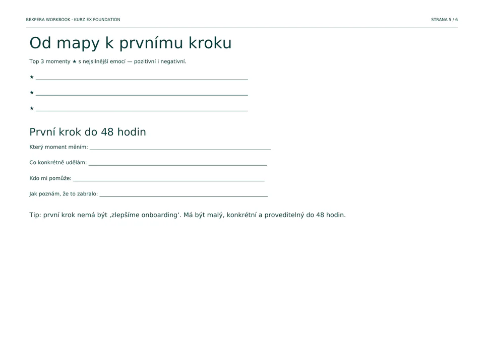 Strana workbooku pro výběr tří momentů a prvního kroku do 48 hodin.